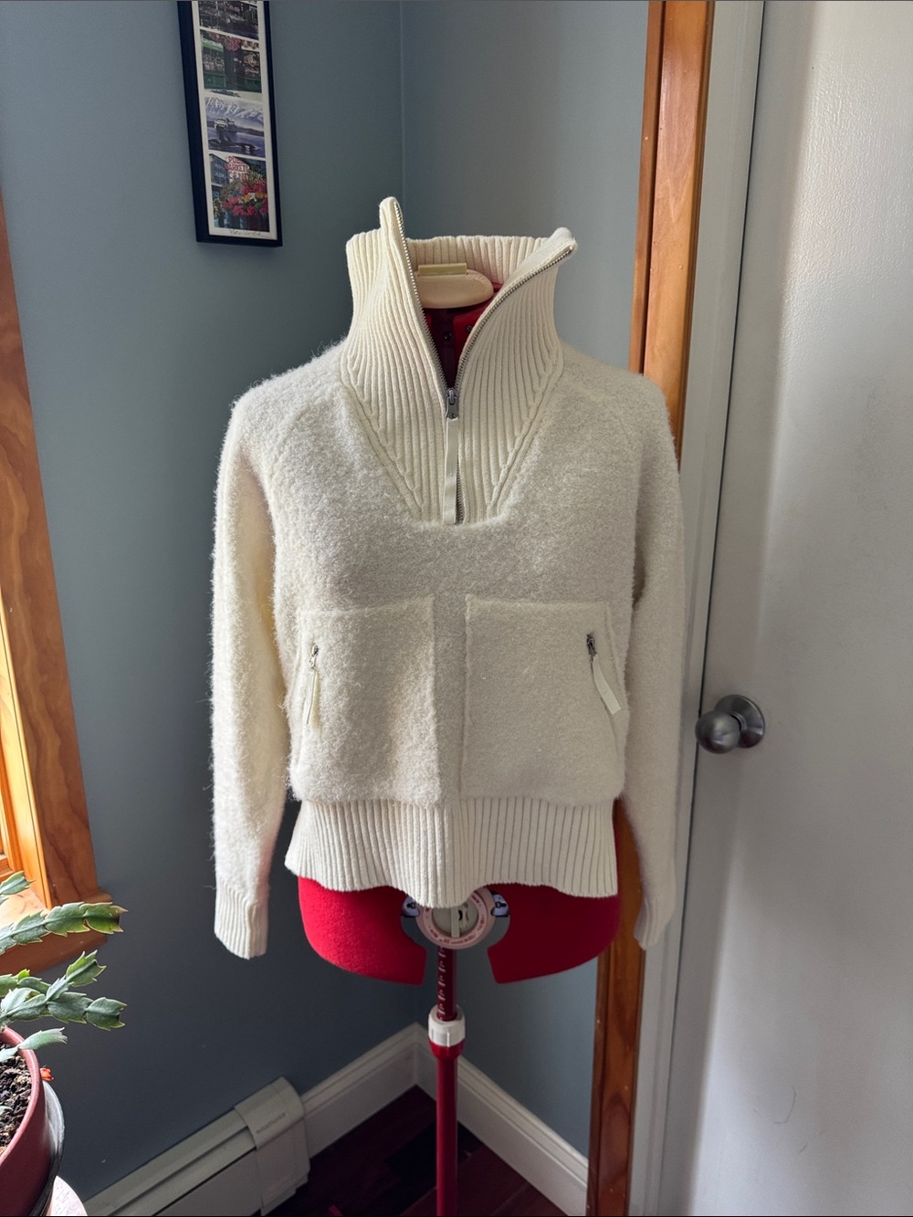 Cream Half-Zip Textured Knit Sweater